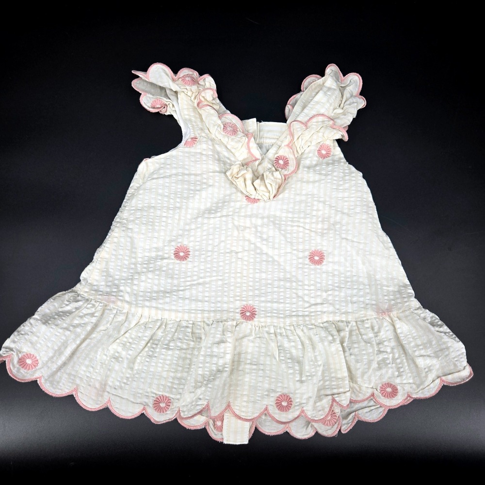 Happily Grey Kids 2T Seersucker Daisy Embroidered Scalloped Dress Neutral Boho
